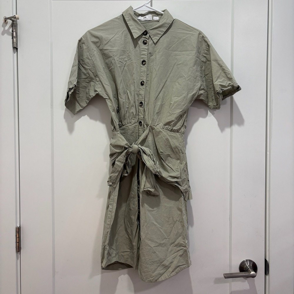 Cue Australia Sage Green Tie Waist Button Down Mini Shirt Dress Womens Size 6